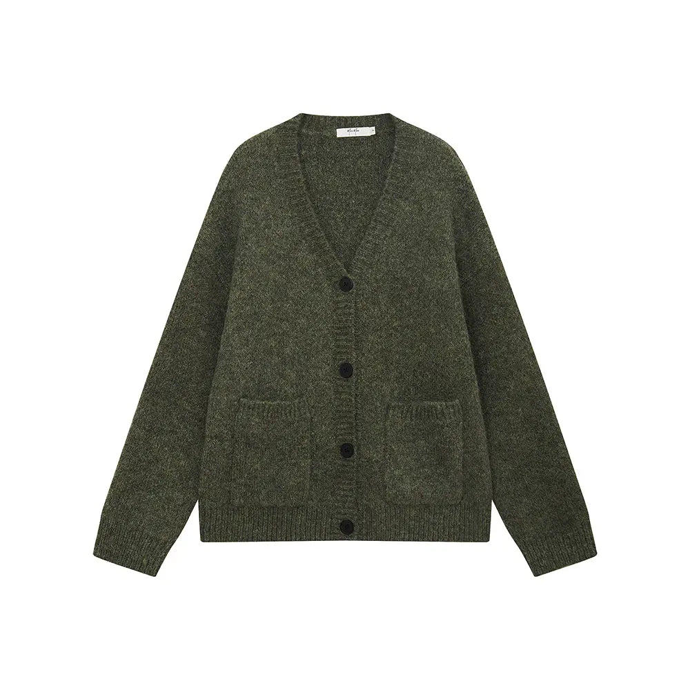 An image of a  Olive Green / One-Size 31601 V-Neck Button Down Cardigan by  Mirra Masa