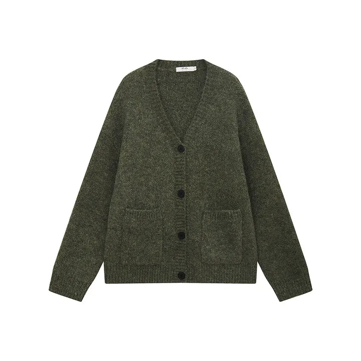 An image of a  Olive Green / One-Size 31601 V-Neck Button Down Cardigan by  Mirra Masa