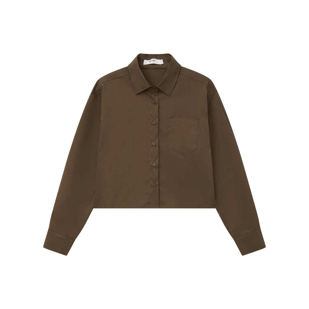 An image of a  Brown / Medium 31616 Cropped Classic Button-Up Shirts by  Mirra Masa