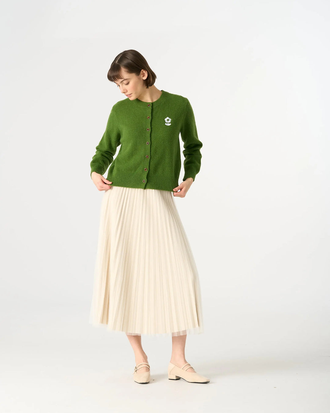 An image of a  Green / One-Size 31787 Roundneck Button Down Cardigan by  Mirra Masa