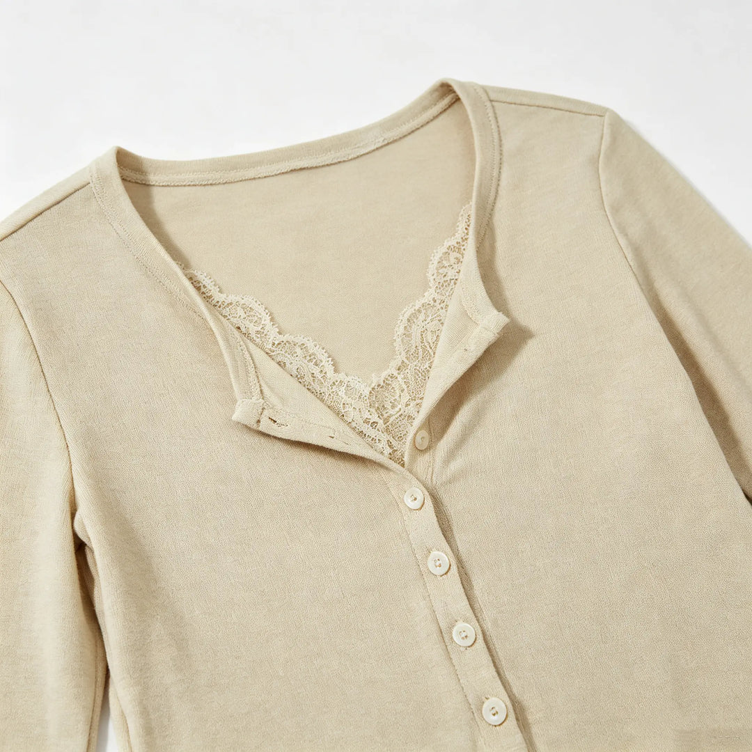 An image of a   31810 Lace-Trim Ruched Top by  Mirra Masa
