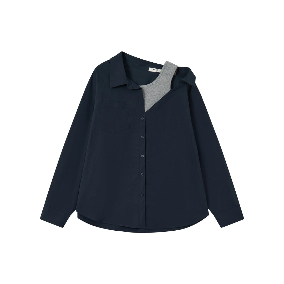 An image of a  Dark Blue 31867 Layered Off Shoulder Shirt by  Mirra Masa