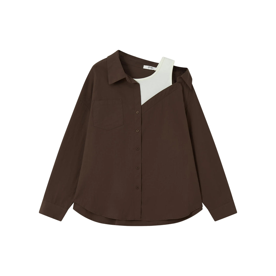 An image of a  Brown 31867 Layered Off Shoulder Shirt by  Mirra Masa
