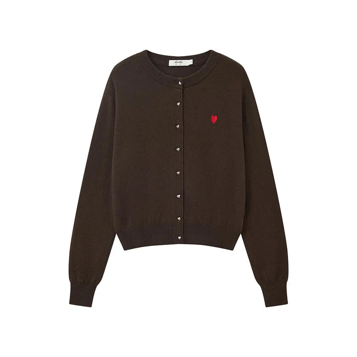 An image of a  Brown / One-Size 31896 Wool Blend Heart Cardigan by  Mirra Masa