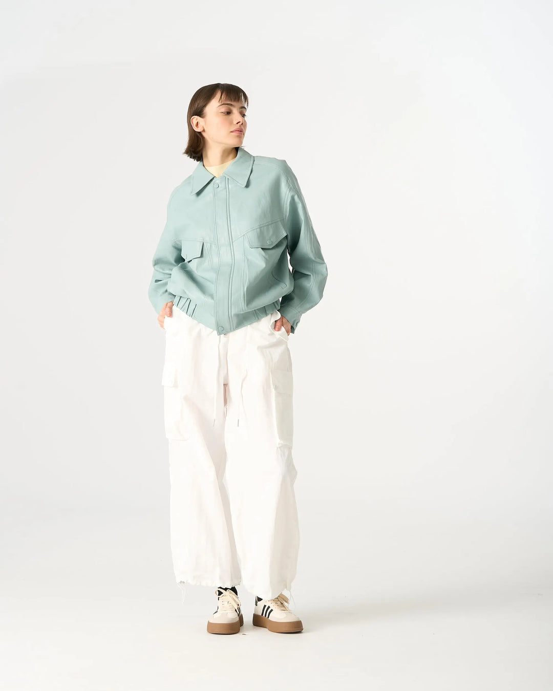 An image of a  Aqua Blue / One-Size 3255C Vegan Leather Jacket by  Mirra Masa