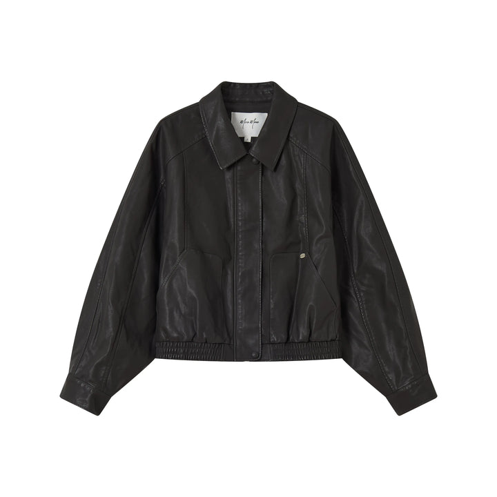 An image of a  Dark Espresso / One-Size 34065 Vegan Leather Bomber Jacket by  Mirra Masa