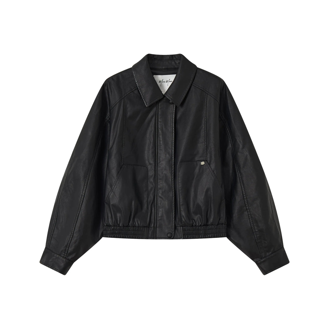 An image of a  Black / One-Size 34065 Vegan Leather Bomber Jacket by  Mirra Masa