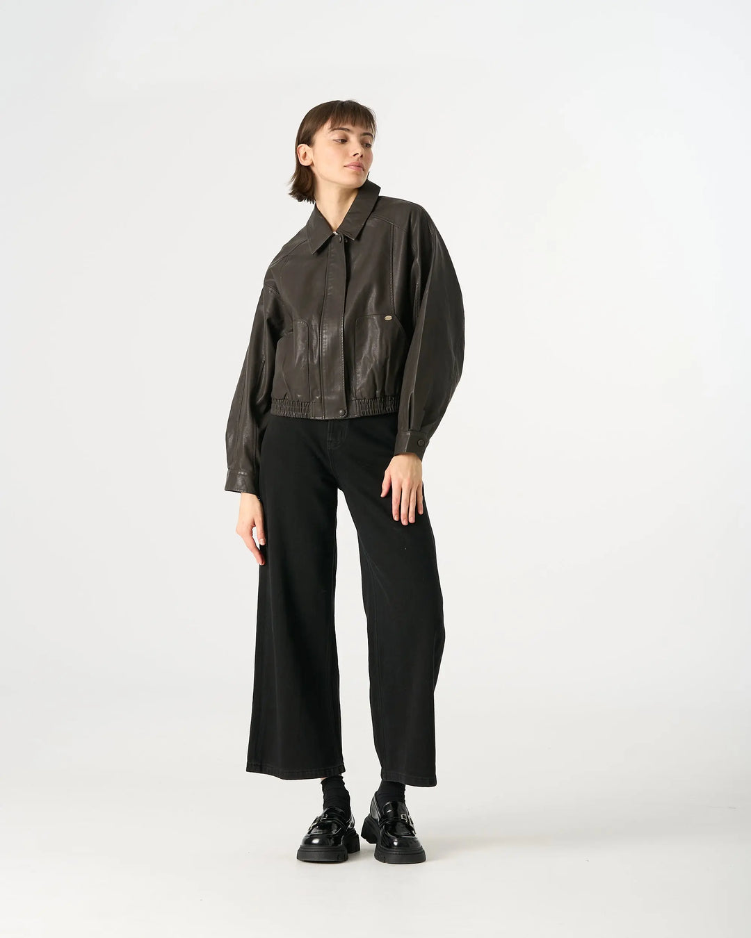 An image of a  Dark Espresso / One-Size 34065 Vegan Leather Zip Bomber by  Mirra Masa