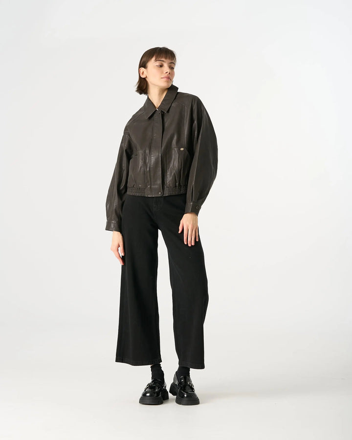 An image of a  Dark Espresso / One-Size 34065 Vegan Leather Zip Bomber by  Mirra Masa