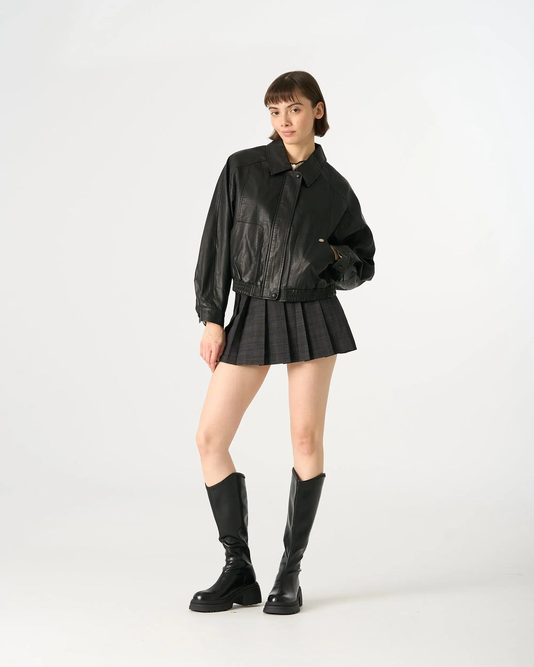 An image of a  Black / One-Size 34065 Vegan Leather Zip Bomber by  Mirra Masa