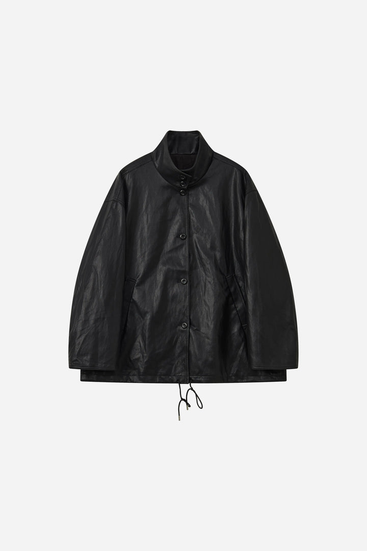 An image of a   34090 Oversized Funnel-Neck Faux-Leather Jacket by  Mirra Masa
