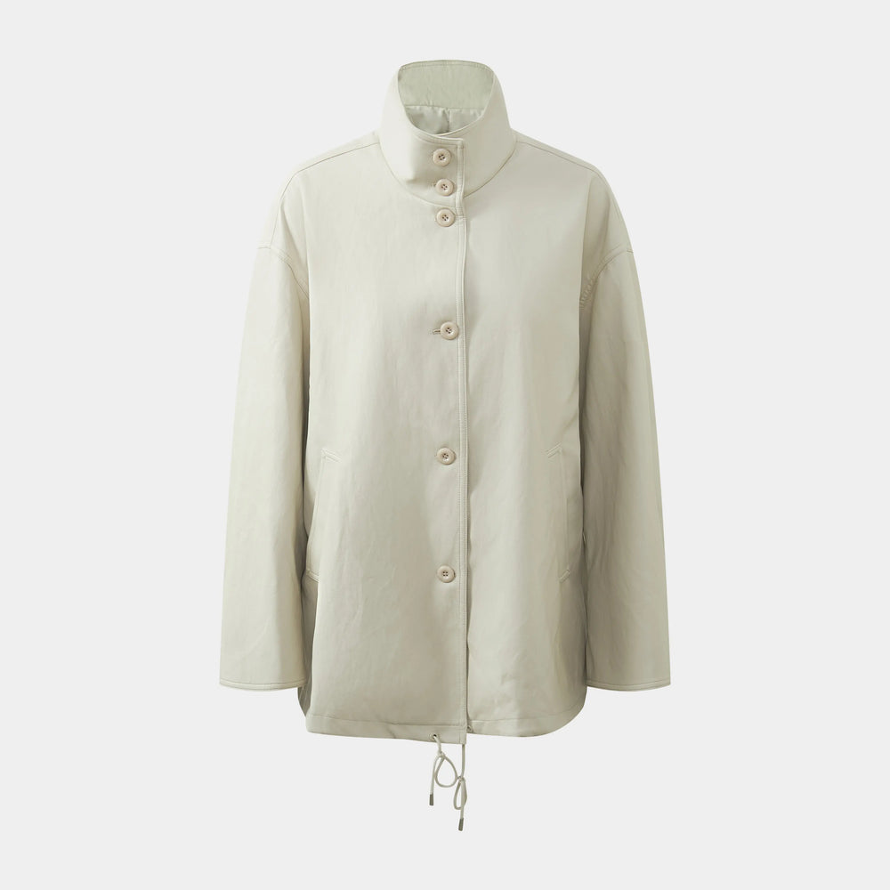 An image of a   34090 Oversized Funnel-Neck Faux-Leather Jacket by  Mirra Masa