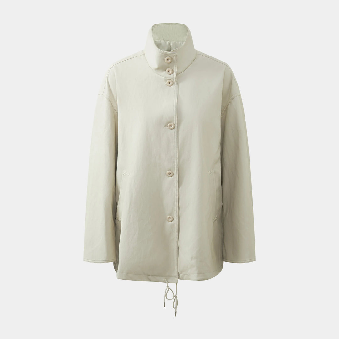 An image of a   34090 Oversized Funnel-Neck Faux-Leather Jacket by  Mirra Masa