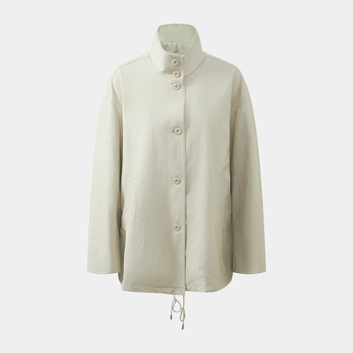 An image of a   34090 Oversized Funnel-Neck Faux-Leather Jacket by  Mirra Masa