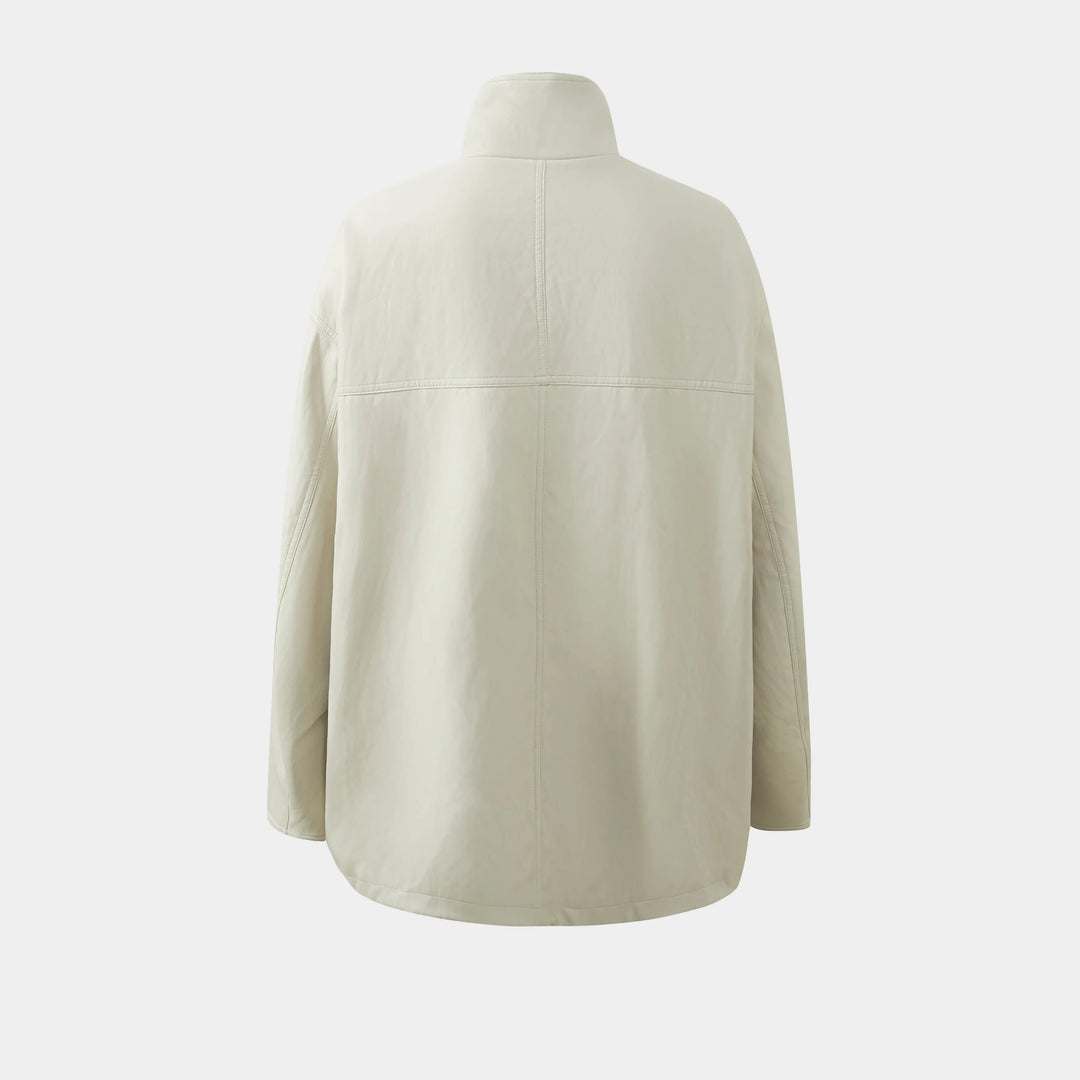 An image of a   34090 Oversized Funnel-Neck Faux-Leather Jacket by  Mirra Masa