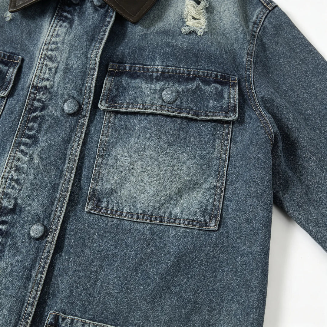 An image of a   34101 Contrast-Collar Denim Utility Jacket by  Mirra Masa