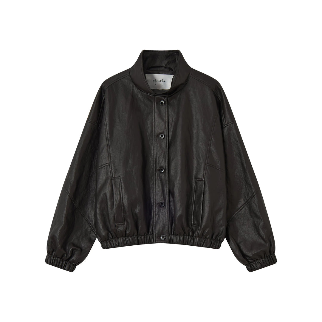 An image of a  Dark Espresso / One-Size 34266 Vegan Leather Bomber Jacket by  Mirra Masa
