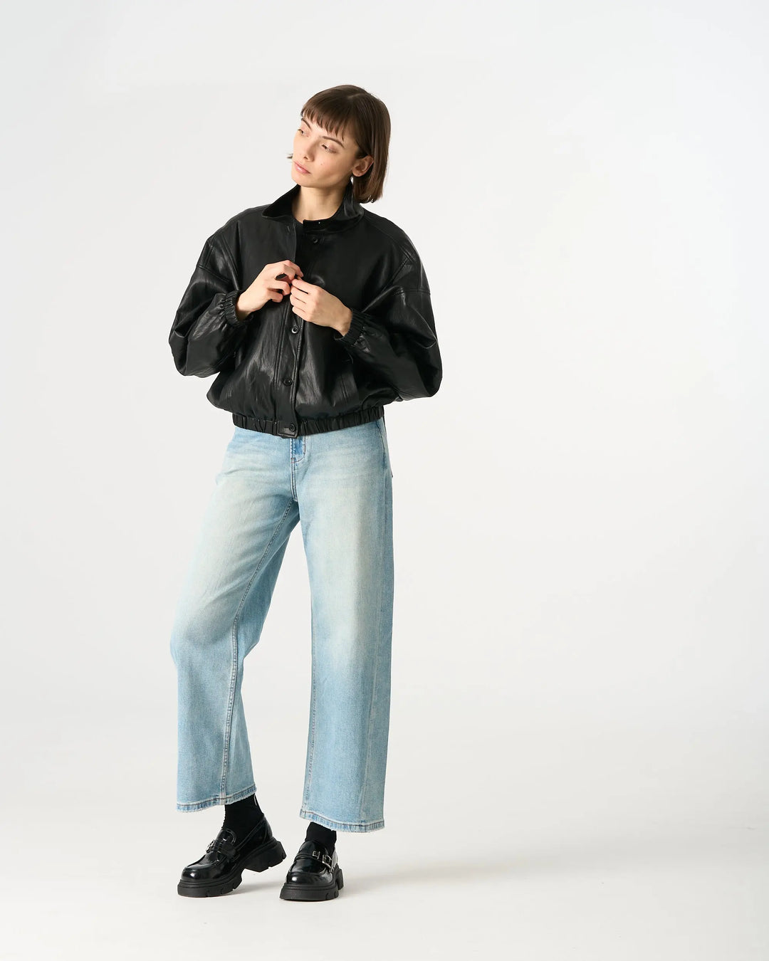 An image of a   34266 Vegan Leather Bomber Jacket by  Mirra Masa