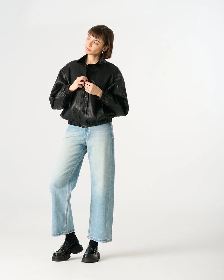 An image of a   34266 Vegan Leather Bomber Jacket by  Mirra Masa