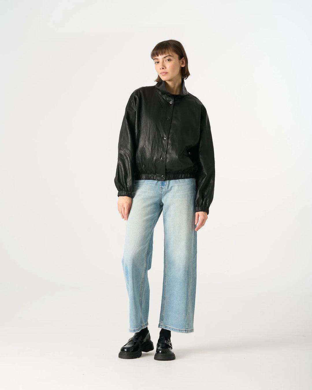 An image of a  Black / One-Size 34266 Vegan Leather Bomber Jacket by  Mirra Masa
