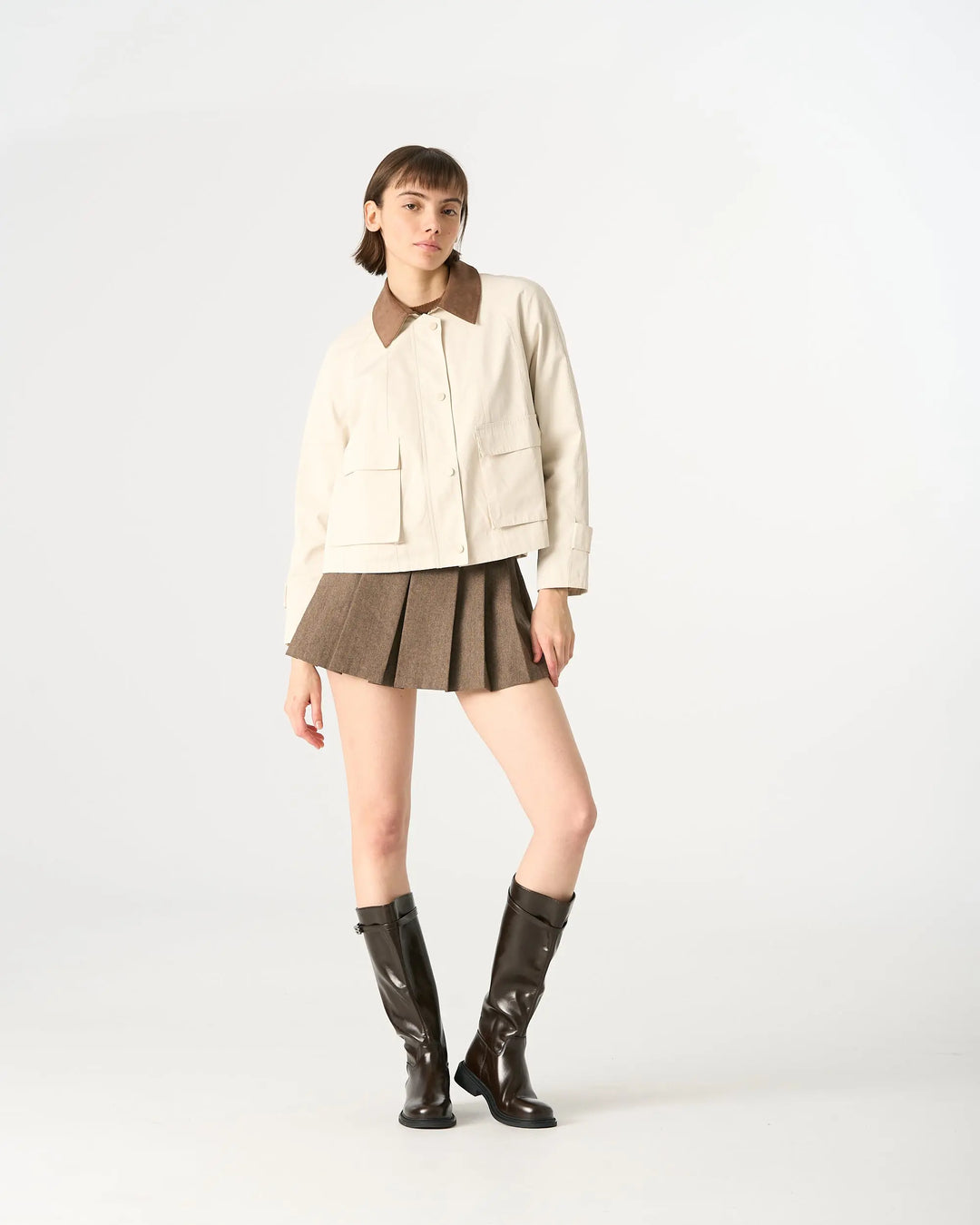 An image of a  Creme / Medium 34525 Cropped Two Tone Jacket by  Mirra Masa