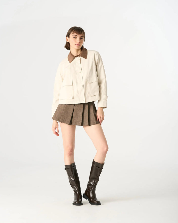 An image of a  Creme / Medium 34525 Cropped Two Tone Jacket by  Mirra Masa