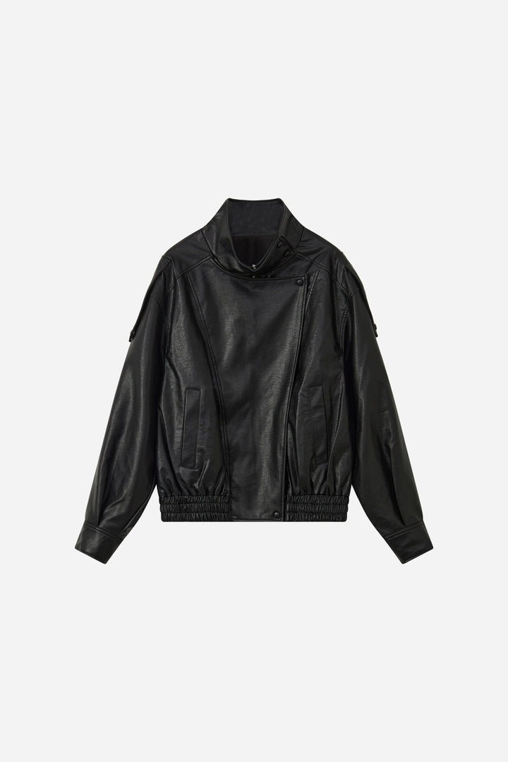 An image of a   34900 Asymmetric-Collar Faux-Leather Jacket by  Mirra Masa
