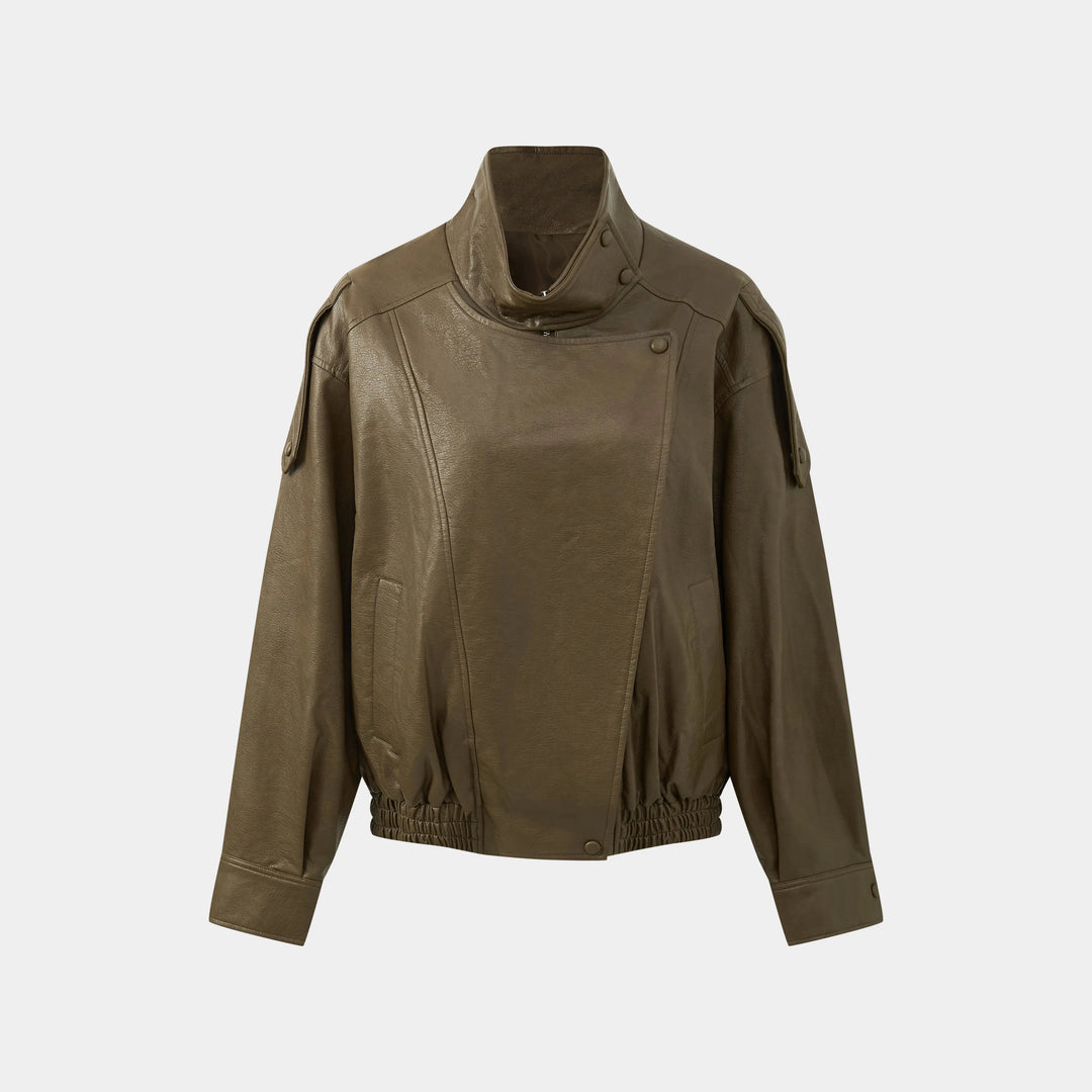 An image of a   34900 Asymmetric-Collar Faux-Leather Jacket by  Mirra Masa