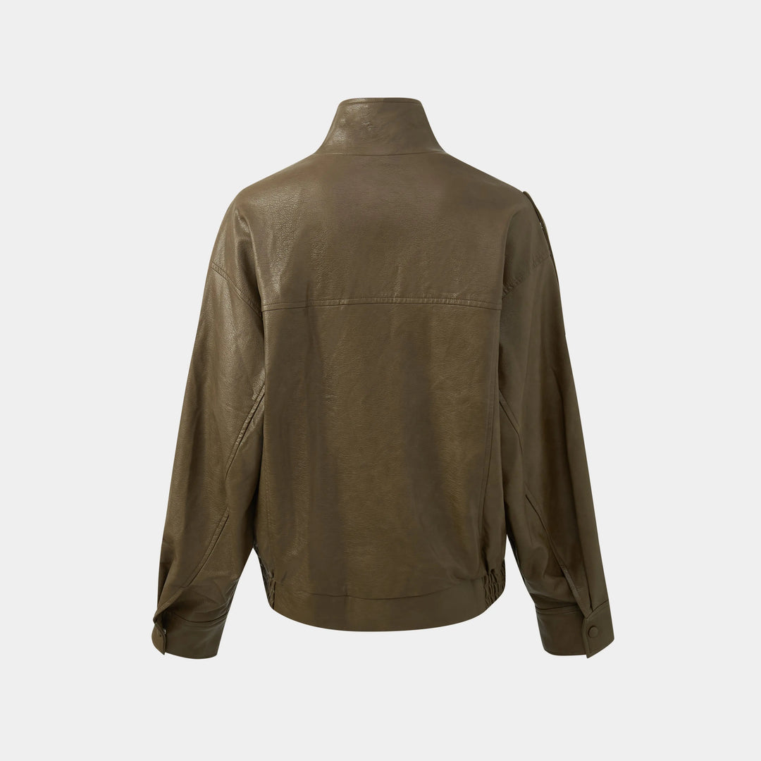 An image of a   34900 Asymmetric-Collar Faux-Leather Jacket by  Mirra Masa