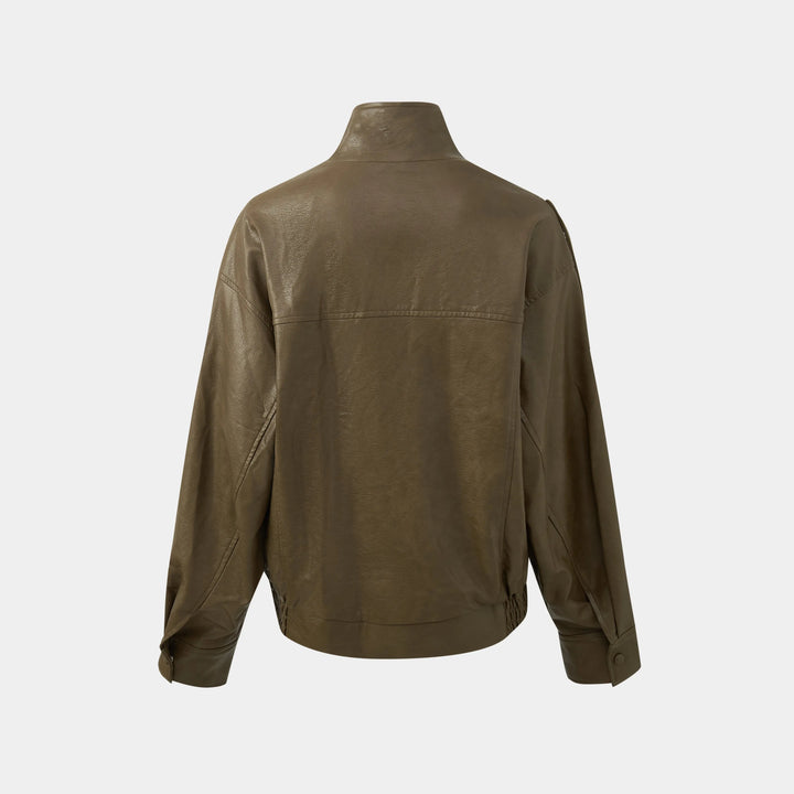 An image of a   34900 Asymmetric-Collar Faux-Leather Jacket by  Mirra Masa