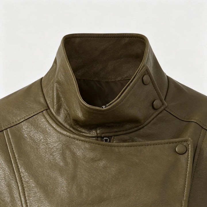 An image of a   34900 Asymmetric-Collar Faux-Leather Jacket by  Mirra Masa