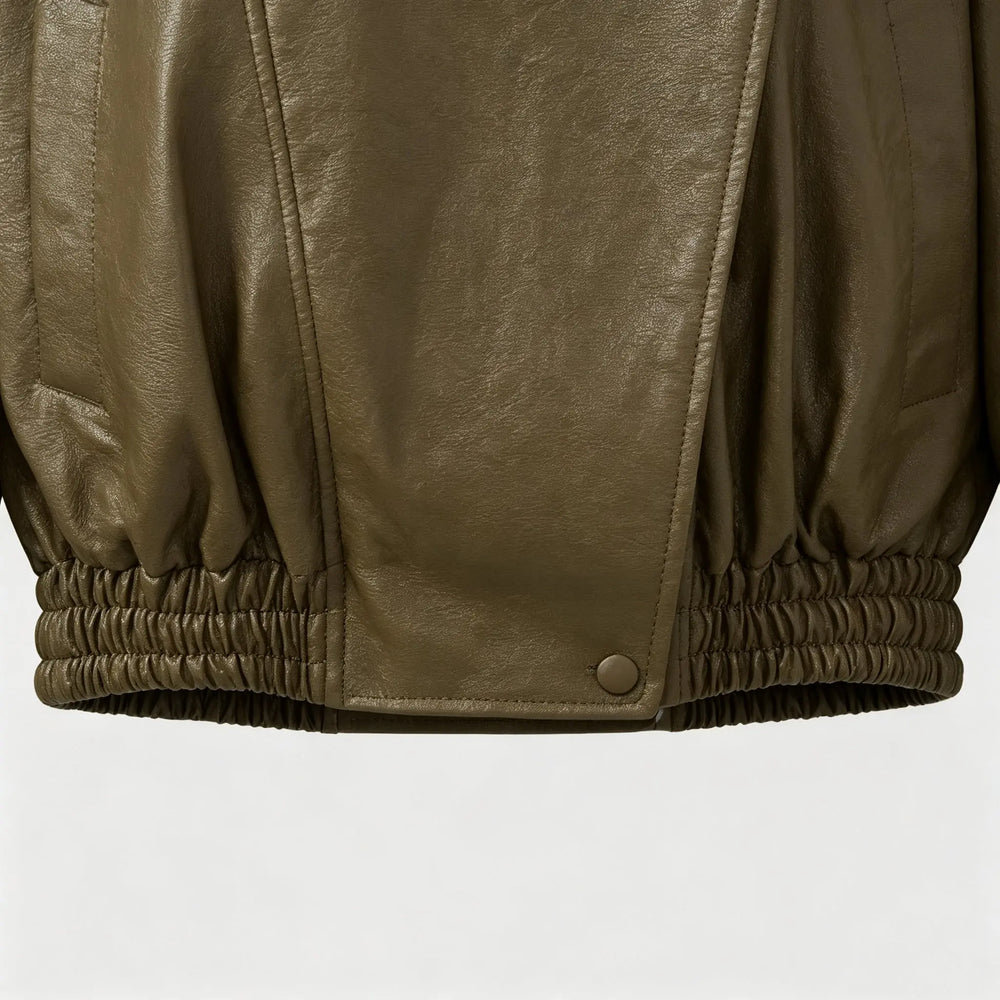 An image of a   34900 Asymmetric-Collar Faux-Leather Jacket by  Mirra Masa