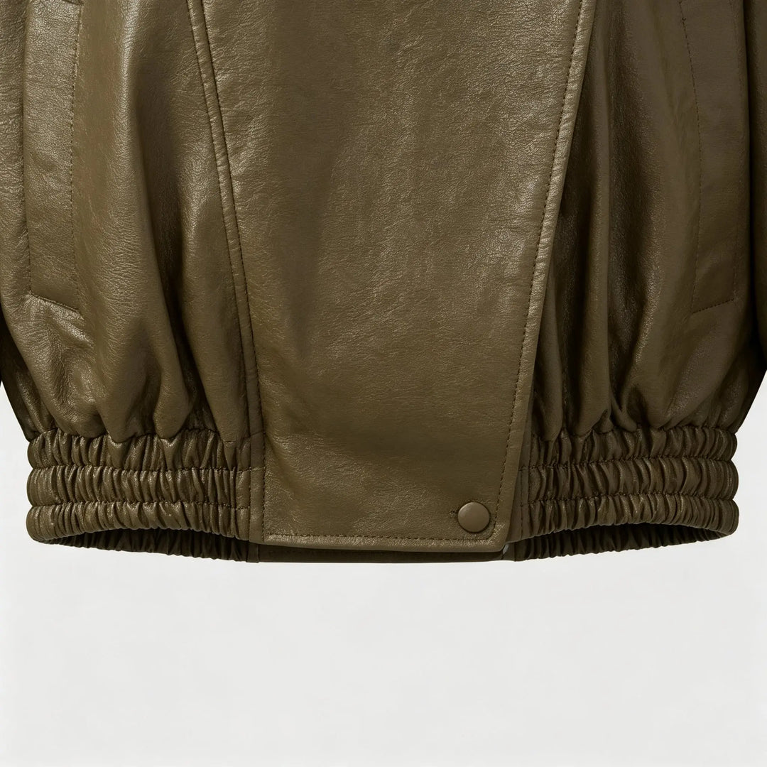 An image of a   34900 Asymmetric-Collar Faux-Leather Jacket by  Mirra Masa