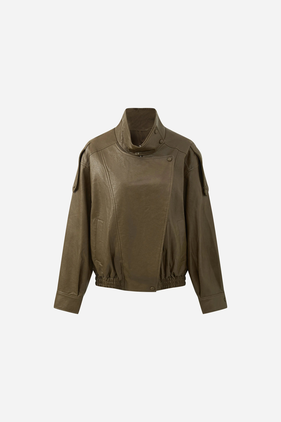 An image of a   34900 Asymmetric-Collar Faux-Leather Jacket by  Mirra Masa