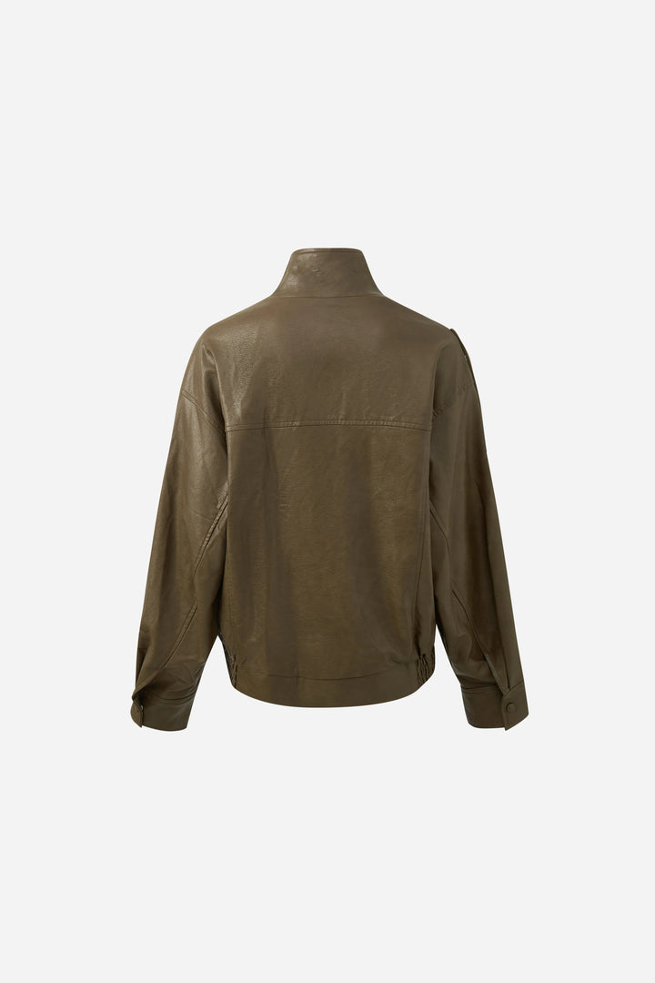 An image of a   34900 Asymmetric-Collar Faux-Leather Jacket by  Mirra Masa