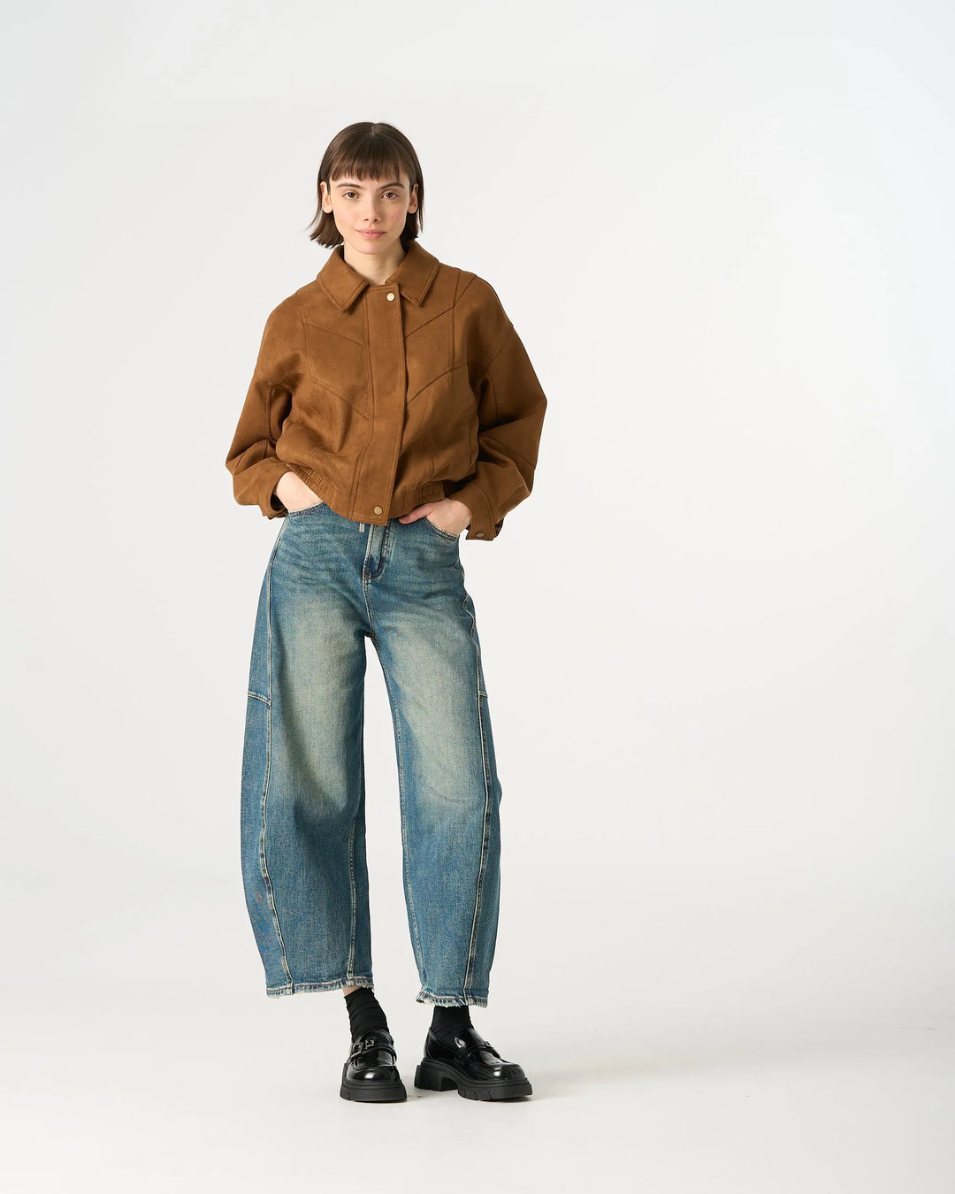 An image of a  Earthy Brown / One-Size 34958 Suede Form Stretch Zip Jacket by  Mirra Masa