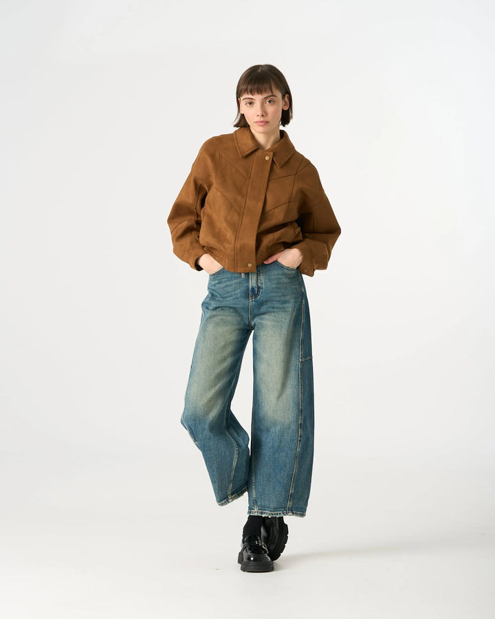 An image of a   34958 Suede Form Stretch Zip Jacket by  Mirra Masa