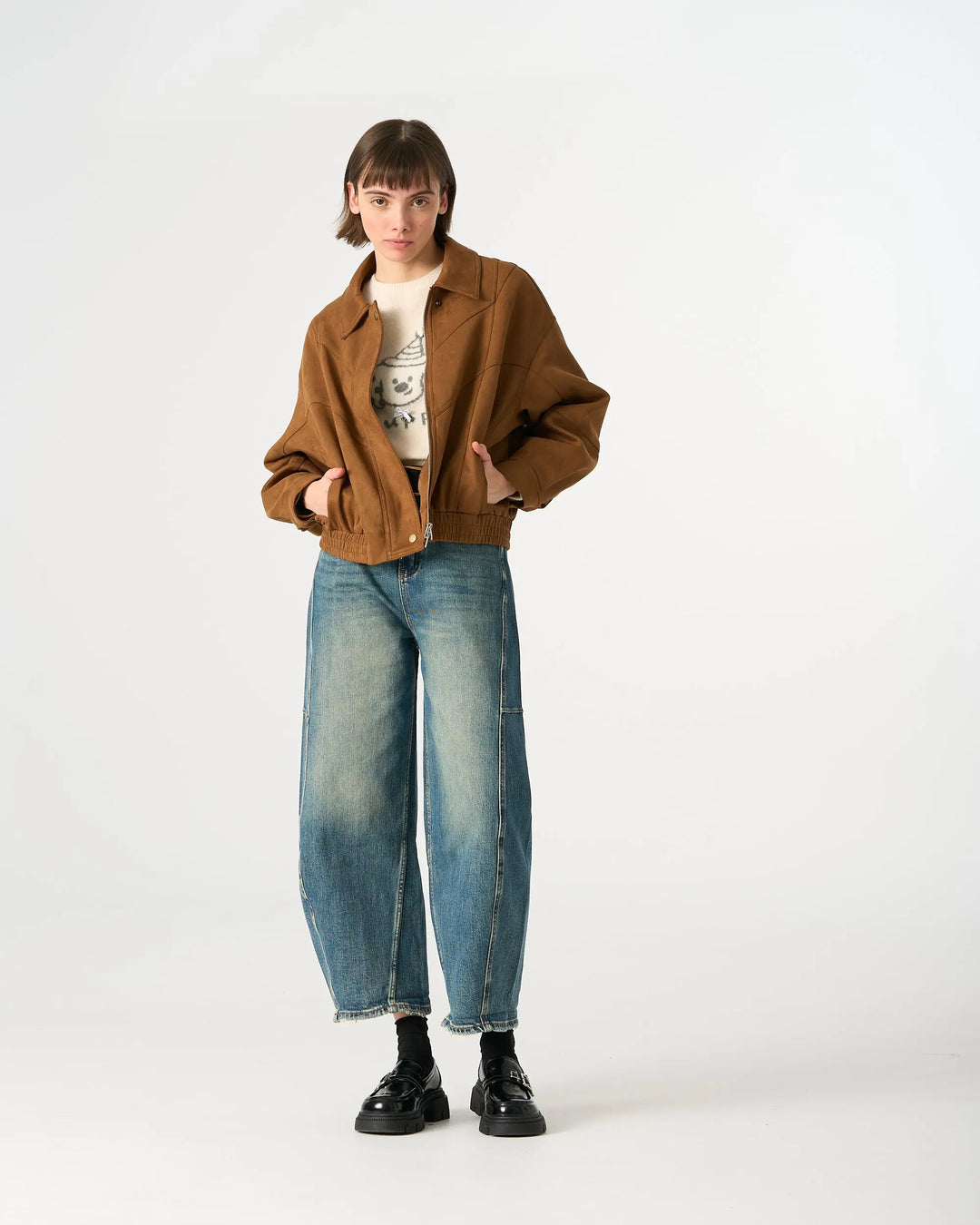 An image of a   34958 Suede Form Stretch Zip Jacket by  Mirra Masa