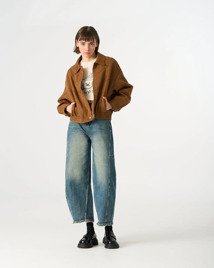 An image of a   34958 Suede Form Stretch Zip Jacket by  Mirra Masa