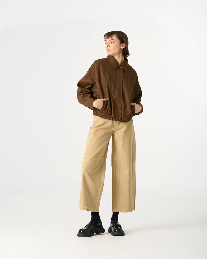 An image of a  Brown / One-Size 34958 Suede Form Stretch Zip Jacket by  Mirra Masa