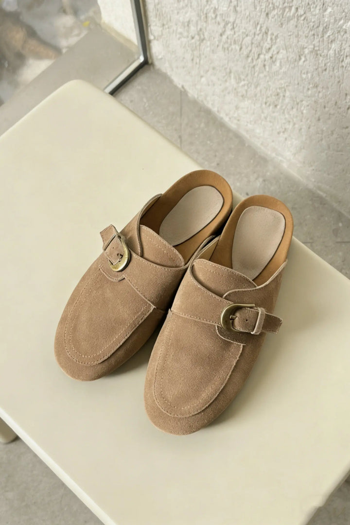 An image of a   3900 Faux Suede Buckle Mule by  Mirra Masa
