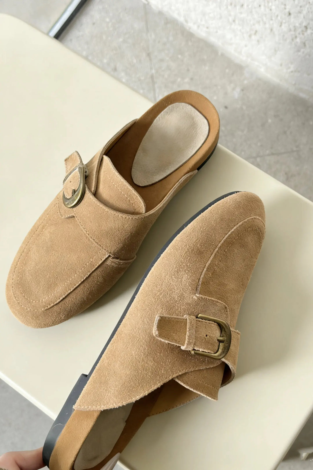 An image of a   3900 Faux Suede Buckle Mule by  Mirra Masa