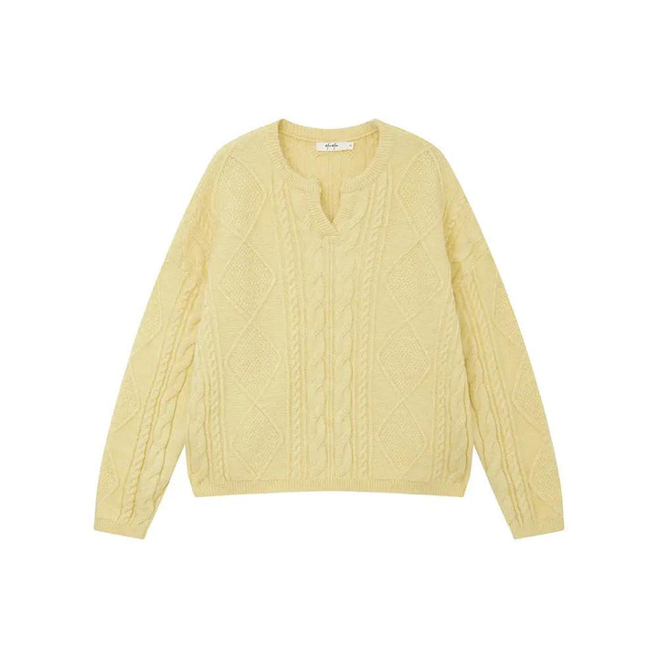 An image of a  Yellow / One-Size 41067 Cable Knit Pullover Sweater by  Mirra Masa