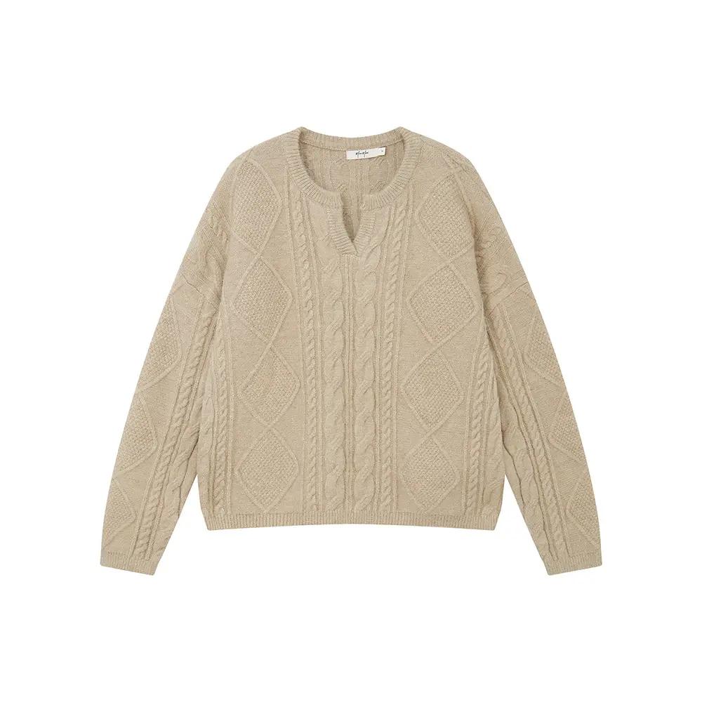 An image of a  Khaki / One-Size 41067 Cable Knit Pullover Sweater by  Mirra Masa