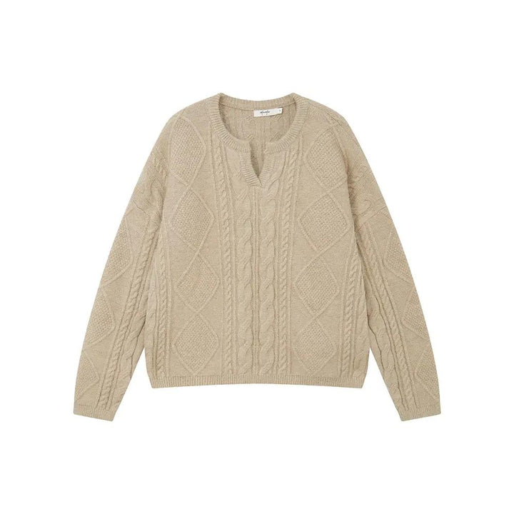 An image of a  Khaki / One-Size 41067 Cable Knit Pullover Sweater by  Mirra Masa
