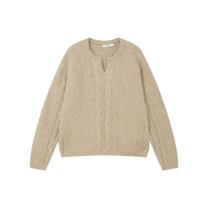 An image of a  Khaki / One-Size 41067 Cable Knit Pullover Sweater by  Mirra Masa