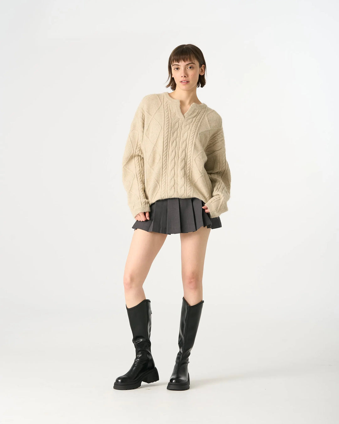 An image of a  Khaki / One-Size 41067 Cable Knit Pullover Sweater by  Mirra Masa
