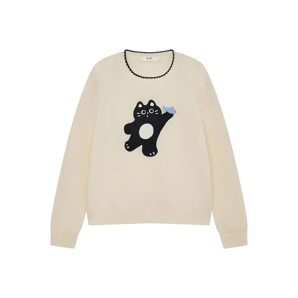 An image of a  White / One-Size 41093 Kitten Crewneck Wool Sweater by  Mirra Masa