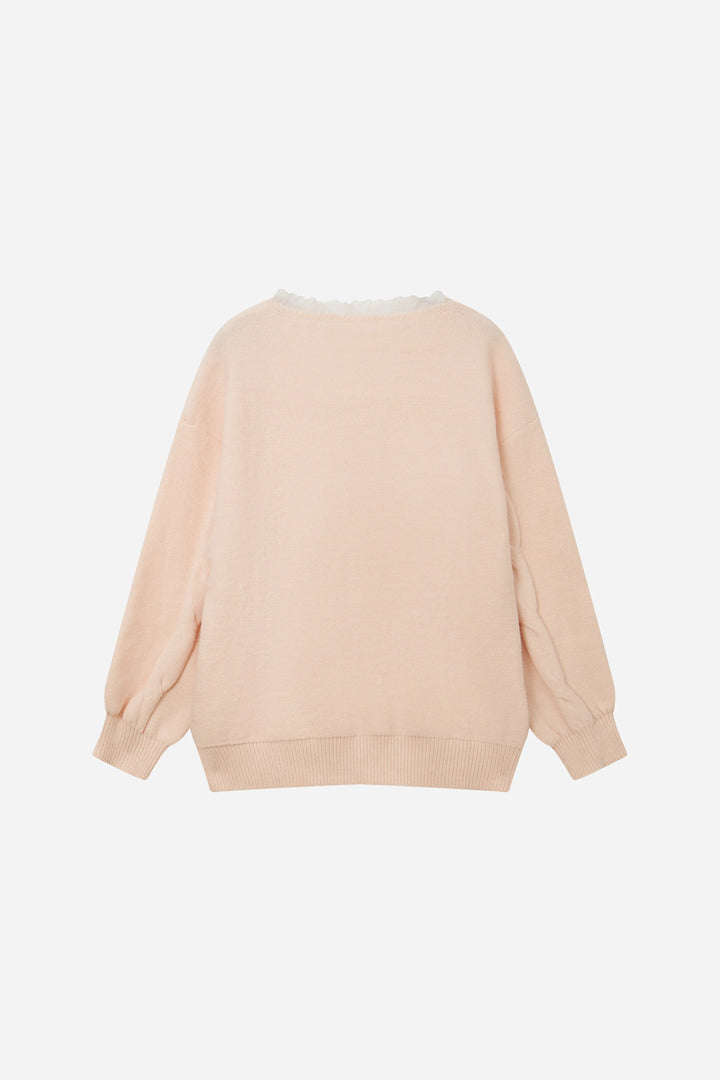 An image of a   41117 Lace Trim V-Neck Cable Sweater by  Mirra Masa