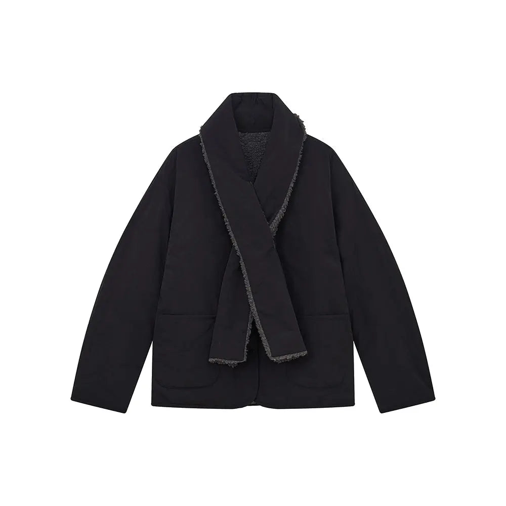 An image of a  Black / One-Size 41150 Quilted Jacket with Scarf by  Mirra Masa